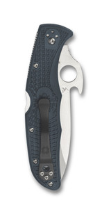 Spyderco Endura 4 folding knife with thumb hole and Emerson Wave Opener - shown closed pocket clip side.  Satin VG-10 stainless steel plain edge blade.  Gray FRN handle.  Model C10PGYW.
