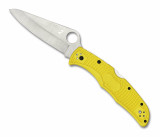 Spyderco Pacific Salt 2 folding knife with thumb hole - shown open presentation side.  Satin H-2 stainless steel plain edge blade.  Yellow FRN handle.  Model C91PYL2.