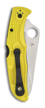 Spyderco Pacific Salt 2 folding knife with thumb hole - shown closed pocket clip side.  Satin H-2 stainless steel plain edge blade.  Yellow FRN handle.  Model C91PYL2.