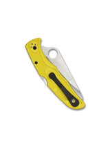 Spyderco Pacific Salt 2 folding knife with thumb hole - shown closed pocket clip side.  Satin H-2 stainless steel plain edge blade.  Yellow FRN handle.  Model C91PYL2.