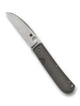 Spyderco Swayback folding knife with thumb hole - shown open presentation side.  Satin CTS-XHP stainless steel plain edge blade.  Titanium handle.  Model C249TIP.