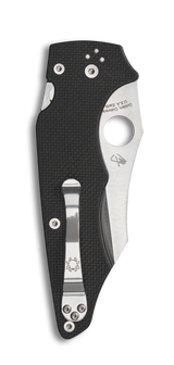 Spyderco Yojumbo folding knife with thumb hole - shown closed pocket clip side.  Satin S30V stainless steel plain edge blade.  Black G-10 handle.  Model C253GP.