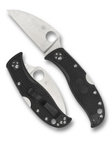 Spyderco Rockjumper folding knife with thumb hole - shown open presentation side and closed pocket clip side.  Satin VG-10 stainless steel plain edge blade.  Black FRN handle.  Model C254PBK.
For reference only.