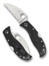 Spyderco Rockjumper folding knife with thumb hole - shown open presentation side and closed pocket clip side.  Satin VG-10 stainless steel serrated edge blade.  Black FRN handle.  Model C254SBK.
For reference only.