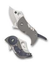 Spyderco Pochi folding knife with thumb hole - shown open presentation side and closed pocket clip side.  Satin S45VN stainless steel plain edge blade.  Titanium handle.  Model C256TIP.
For reference only.