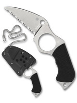 Spyderco Swick 5 Large fixed blade knife - shown out of sheath obverse and in sheath obverse.  Satin LC200N stainless steel serrated edge blade.  Black G-10 handle.  Model FB14S5.