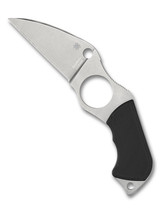 Spyderco Swick 6 Small fixed blade knife - shown out of sheath obverse.  Satin LC200N stainless steel plain edge blade.  Black G-10 handle.  Model FB14P6.