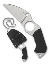 Spyderco Swick 6 Small fixed blade knife - shown out of sheath obverse and in sheath obverse.  Satin LC200N stainless steel plain edge blade.  Black G-10 handle.  Model FB14P6.