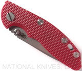 Rick Hinderer Knives XM-18 3.0" Spear Point Non Flipper folding knife with thumb studs - shown closed presentation side.  Stonewash 20CV stainless steel plain edge blade.  Red G-10 handle with stonewash lock side.  Model K10813SGS00.