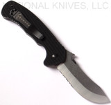 Emerson Knives Rendezvous SFS folding knife with thumb stud and Emerson Wave opener - shown open pocket clip side.  Satin 154CM stainless steel combo edge blade.  Black G-10 handle.  Model REND-SFS.
