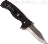 Emerson Knives Sheepdog Bowie SFS folding knife with thumb disk, flipper tab, and Emerson Wave opener - shown open pocket clip side.  Satin 154CM stainless steel combo edge blade.  Black G-10 handle.  Model SHEEPDOG-BOWIE-SFS.