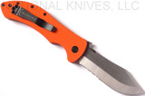 Emerson Knives Market Skinner SFS folding knife with thumb disk and Emerson Wave opener - shown open pocket clip side.  Satin 154CM stainless steel combo edge blade.  Orange G-10 handle.  Model MS-SFS-OR.