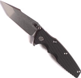 Rick Hinderer Knives Eklipse Harpoon Tanto folding knife with thumb stud and flipper tab - shown open presentation side.  Stonewash 20CV stainless steel plain edge blade.  Black G-10 handle with stonewash bronze lock side.  Model K4054SGS00.