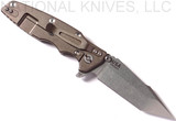 Rick Hinderer Knives Eklipse Harpoon Tanto folding knife with thumb stud and flipper tab - shown open lock side.  Stonewash 20CV stainless steel plain edge blade.  Black G-10 handle with stonewash bronze lock side.  Model K4054SGS00.
