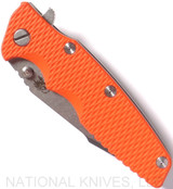 Rick Hinderer Knives Eklipse Harpoon Tanto folding knife with thumb stud and flipper tab - shown closed presentation side.  Stonewash 20CV stainless steel plain edge blade.  Orange G-10 handle with stonewash lock side.  Model K4054SGS00.