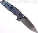 Rick Hinderer Knives Eklipse Harpoon Tanto folding knife with thumb stud and flipper tab - shown open lock side.  Stonewash 20CV stainless steel plain edge blade.  Black G-10 handle with stonewash blue lock side.  Model K4054SGS00.