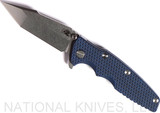 Rick Hinderer Knives Eklipse Harpoon Tanto folding knife with thumb stud and flipper tab - shown open presentation side.  Stonewash 20CV stainless steel plain edge blade.  Blue - black G-10 handle with stonewash blue lock side.  Model K4054SGS00.