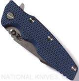 Rick Hinderer Knives Eklipse Harpoon Tanto folding knife with thumb stud and flipper tab - shown closed presentation side.  Stonewash 20CV stainless steel plain edge blade.  Blue - black G-10 handle with stonewash blue lock side.  Model K4054SGS00.