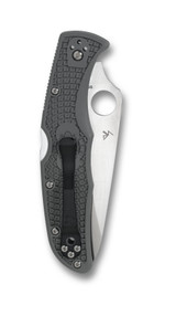 Spyderco Endura 4 folding knife with thumb hole - shown closed pocket clip side.  Satin VG-10 stainless steel combo edge blade.  Foliage Green FRN handle.  Model C10PSFG.
