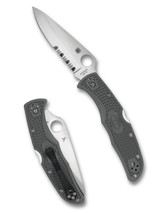 Spyderco Endura 4 folding knife with thumb hole - shown open presentation side and closed pocket clip side. Satin VG-10 stainless steel combo edge blade. Foliage Green FRN handle. Model C10PSFG.
Spyderco Endura 4 folding knife with thumb hole - shown open presentation side and closed pocket clip side. Satin VG-10 stainless steel combo edge blade. Foliage Green FRN handle. Model C10PSFG.