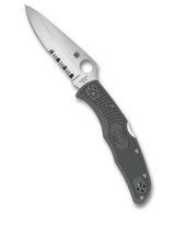 Spyderco Endura 4 folding knife with thumb hole - shown open presentation side.  Satin VG-10 stainless steel combo edge blade.  Foliage Green FRN handle.  Model C10PSFG.
 Spyderco Endura 4 folding knife with thumb hole - shown open presentation side.  Satin VG-10 stainless steel combo edge blade.  Foliage Green FRN handle.  Model C10PSFG.