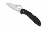 Spyderco Delica 4 folding knife with thumb hole - shown open presentation side.  Satin VG-10 stainless steel plain edge blade.  Black FRN handle.  Model C11FPBK.
