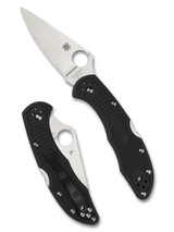 Spyderco Delica 4 folding knife with thumb hole - shown open presentation side and closed pocket clip side.  Satin VG-10 stainless steel plain edge blade.  Black FRN handle.  Model C11FPBK.