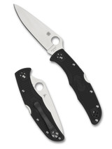 Spyderco Endura 4 folding knife with thumb hole - shown open presentation side and closed pocket clip side. Satin VG-10 stainless steel plain edge blade. Black FRN handle. Model C10FPBK. Spyderco Endura 4 folding knife with thumb hole - shown open presentation side and closed pocket clip side. Satin VG-10 stainless steel plain edge blade. Black FRN handle. Model C10FPBK.