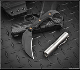 RMJ Tactical Korbin Karambit fixed blade knife - shown out of sheath obverse.  Graphite Black Cerakote Nitro-V stainless steel plain edge blade.  Black G-10 handle.  Model K-KO-BL-BL.