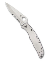 Spyderco Endura 4 folding knife with thumb hole - shown open presentation side.  Satin VG-10 stainless steel combo edge blade.  Stainless steel handle.  Model C10PS.