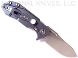Rick Hinderer Knives Half Track folding knife with flipper tab - shown open lock side.  Stonewash 20CV stainless steel plain edge blade.  Blue - black G-10 handle with stonewash blue titanium lock side.  Model K2009SGS00.
