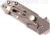 Rick Hinderer Knives Half Track Slicer folding knife with flipper tab - shown closed lock side.  Working Finish 20CV stainless steel plain edge blade.  Black G-10 handle with Working Finish titanium lock side.  Model K2009SGS00.