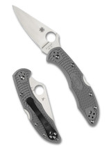 Spyderco Delica 4 folding knife with thumb hole - shown open presentation side and closed pocket clip side. Satin VG-10 stainless steel plain edge blade. Gray FRN handle. Model C11FPGY.
Spyderco Delica 4 folding knife with thumb hole - shown open presentation side and closed pocket clip side. Satin VG-10 stainless steel plain edge blade. Gray FRN handle. Model C11FPGY.