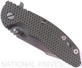 Rick Hinderer Knives XM-18 3.5" Harpoon Spanto folding knife with thumb stud and flipper tab - shown closed presentation side.  Stonewash 20CV stainless steel plain edge blade.  OD green - black G-10 handle with stonewash lock side.  Model K2552SGS00.