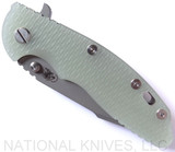 Rick Hinderer Knives XM-18 3.5" Harpoon Spanto folding knife with thumb stud and flipper tab - shown closed presentation side.  Working Finish 20CV stainless steel plain edge blade.  Translucent Green G-10 handle with Working Finish lock side.  Model K2552SGS00.