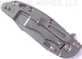 Rick Hinderer Knives XM-18 3.5" Harpoon Spanto folding knife with thumb stud and flipper tab - shown closed lock side.  Working Finish 20CV stainless steel plain edge blade.  Translucent Green G-10 handle with Working Finish lock side.  Model K2552SGS00.