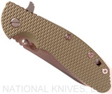 Rick Hinderer Knives XM-24 Sheepsfoot folding knife with thumb stud and flipper tab - shown closed presentation side.  Stonewash 20CV stainless steel plain edge blade.  OD green G-10 handle with stonewash bronze lock side.  Model K3073SGS00.
