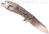 Rick Hinderer Knives XM-24 Sheepsfoot folding knife with thumb stud and flipper tab - shown open lock side.  Stonewash 20CV stainless steel plain edge blade.  Black G-10 handle with stonewash lock side.  Model K3073SGS00.
