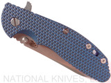 Rick Hinderer Knives XM-24 Sheepsfoot folding knife with thumb stud and flipper tab - shown closed presentation side.  Stonewash 20CV stainless steel plain edge blade.  Blue - black G-10 handle with stonewash blue lock side.  Model K3073SGS00.
