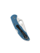 Spyderco Delica 4 folding knife with thumb hole - shown closed pocket clip side.  Satin VG-10 stainless steel plain edge blade.  Blue FRN handle.  Model C11FPBL.