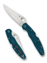 Spyderco Police 4 folding knife with thumb hole - shown both open presentation side and closed pocket clip side.  Satin K390 steel plain edge blade.  Blue FRN handle.  Model C07FP4K390.