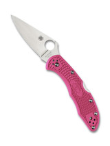 Spyderco Delica 4 folding knife with thumb hole - shown open presentation side.  Satin S30V stainless steel plain edge blade.  Pink FRN handle.  Model C11FPPNS30V.