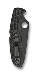 Spyderco Endura 4 folding knife with thumb hole - shown closed pocket clip side.  Black VG-10 stainless steel combo edge blade.  Black FRN handle.  Model C10PSBBK.
