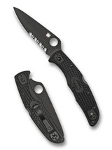 Spyderco Endura 4 folding knife with thumb hole - shown open presentation side and closed pocket clip side. Black VG-10 stainless steel combo edge blade. Black FRN handle. Model C10PSBBK.
Spyderco Endura 4 folding knife with thumb hole - shown open presentation side and closed pocket clip side. Black VG-10 stainless steel combo edge blade. Black FRN handle. Model C10PSBBK.