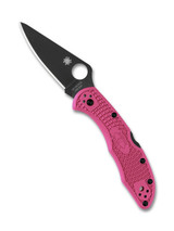 Spyderco Delica 4 folding knife with thumb hole - shown open presentation side.  Black S30V stainless steel plain edge blade.  Pink FRN handle.  Model C11FPPNS30VBK.