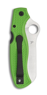 Spyderco Atlantic Salt folding knife with thumb hole - shown closed pocket clip side.  Satin LC200N stainless steel plain edge blade.  Green FRN handle. Model C89FPGR.
For reference only.