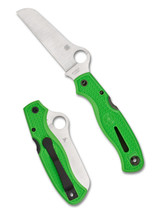 Spyderco Atlantic Salt folding knife with thumb hole - shown open presentation side and closed pocket clip side.  Satin LC200N stainless steel plain edge blade.  Green FRN handle. Model C89FPGR.
For reference only.