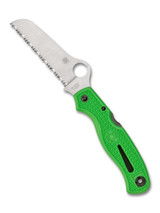 Spyderco Atlantic Salt folding knife with thumb hole - shown open presentation side.  Satin LC200N stainless steel serrated edge blade.  Green FRN handle. Model C89FSGR.
For reference only.