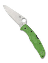 Spyderco Pacific Salt 2 folding knife with thumb hole - shown open presentation side.  Satin LC200N stainless steel plain edge blade.  Green FRN handle.  Model C91FPGR2.