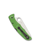 Spyderco Pacific Salt 2 folding knife with thumb hole - shown closed pocket clip side.  Satin LC200N stainless steel plain edge blade.  Green FRN handle.  Model C91FPGR2.